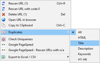 Context menu SiteAnalyzer, context menu
