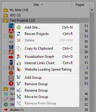 SiteAnalyzer, Project List Context Menu