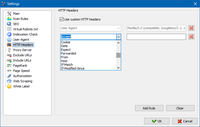 Custom HTTP headers