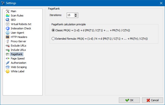 PageRank settings SiteAnalyzer, PageRank settings