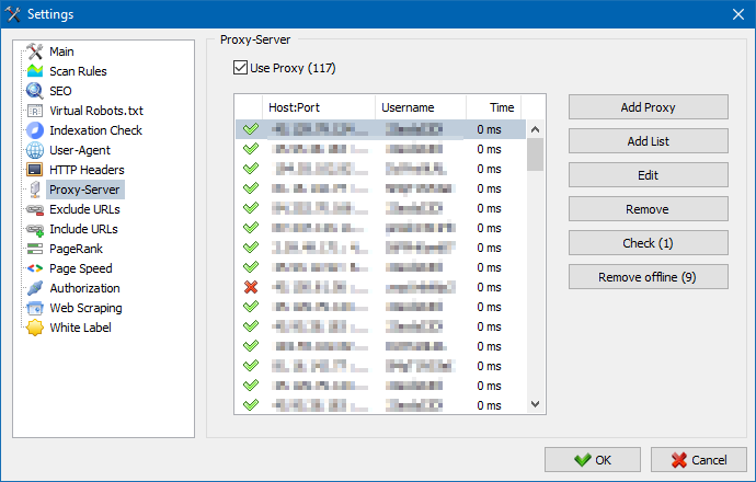 Proxy settings SiteAnalyzer, Proxy settings