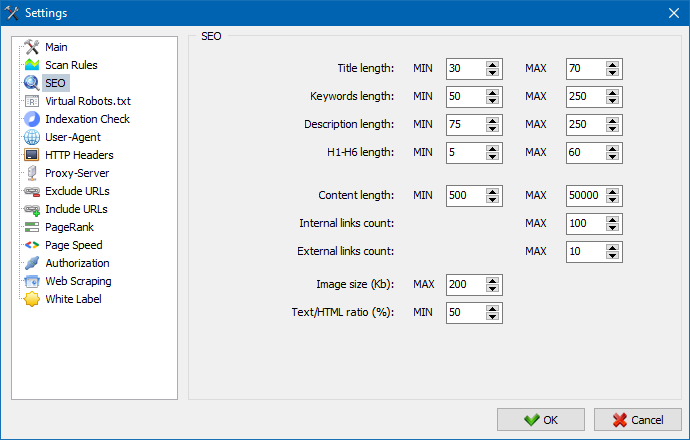SEO settings SiteAnalyzer, SEO settings