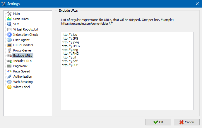Exclude URLs SiteAnalyzer, Exclude URLs