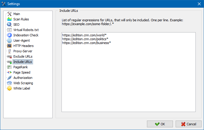 Include URLs SiteAnalyzer, Include URLs