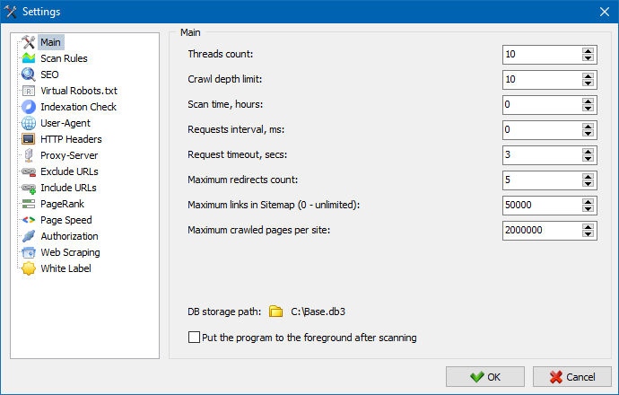 Program settings SiteAnalyzer, program settings