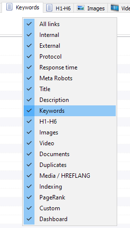 Configure Tabs & Columns SiteAnalyzer, Configure Tabs & Columns