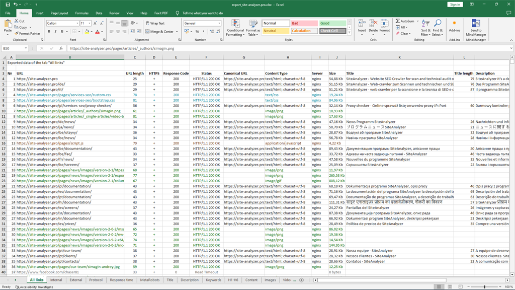 SiteAnalyzer, Exporting to Excel