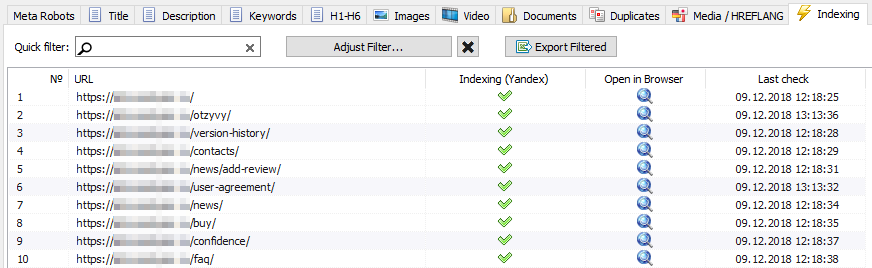 SiteAnalyzer, Indexed Pages Checker